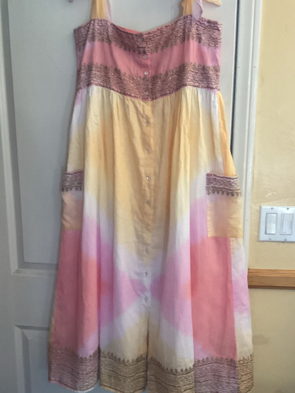 Juliet Dunn Sunset Ombré Embroidered Tie Shoulder Cotton Maxi Dress Size 8-10